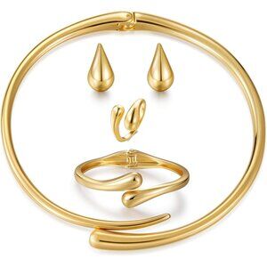 4 Pcs Statement Jewelry Set for Women – 18K Gold Plated Teardrop Necklace, Gold